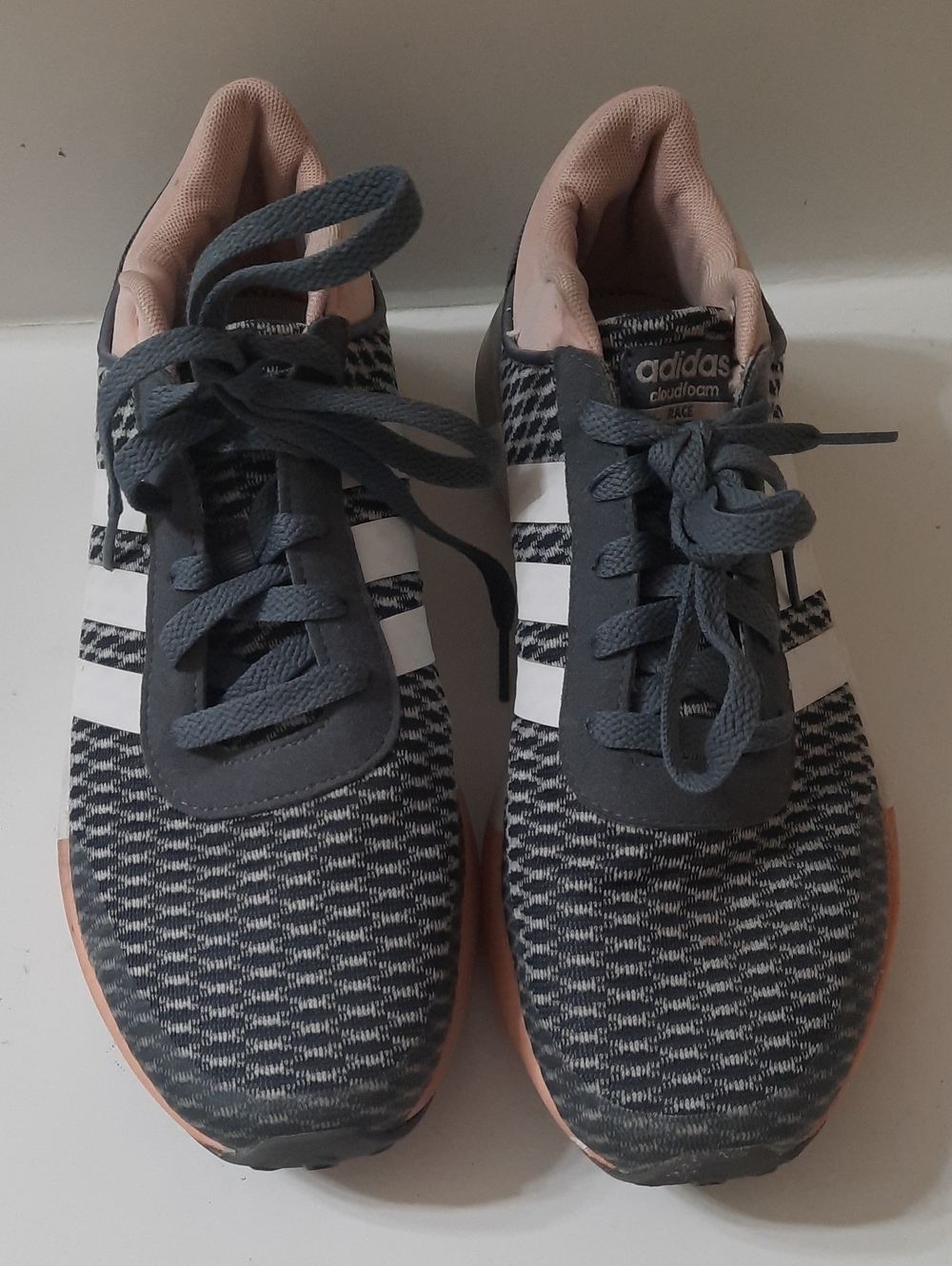 adidas Grey Knit Sneakers with White Stripes and Pink Lining